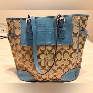 Coach Signature Canvas Tote - Blue Leather Trim